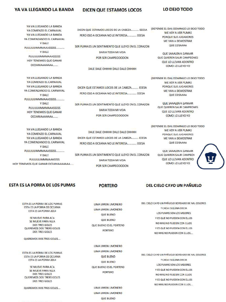 Porra de los Pumas: Letra y Aliento | PDF