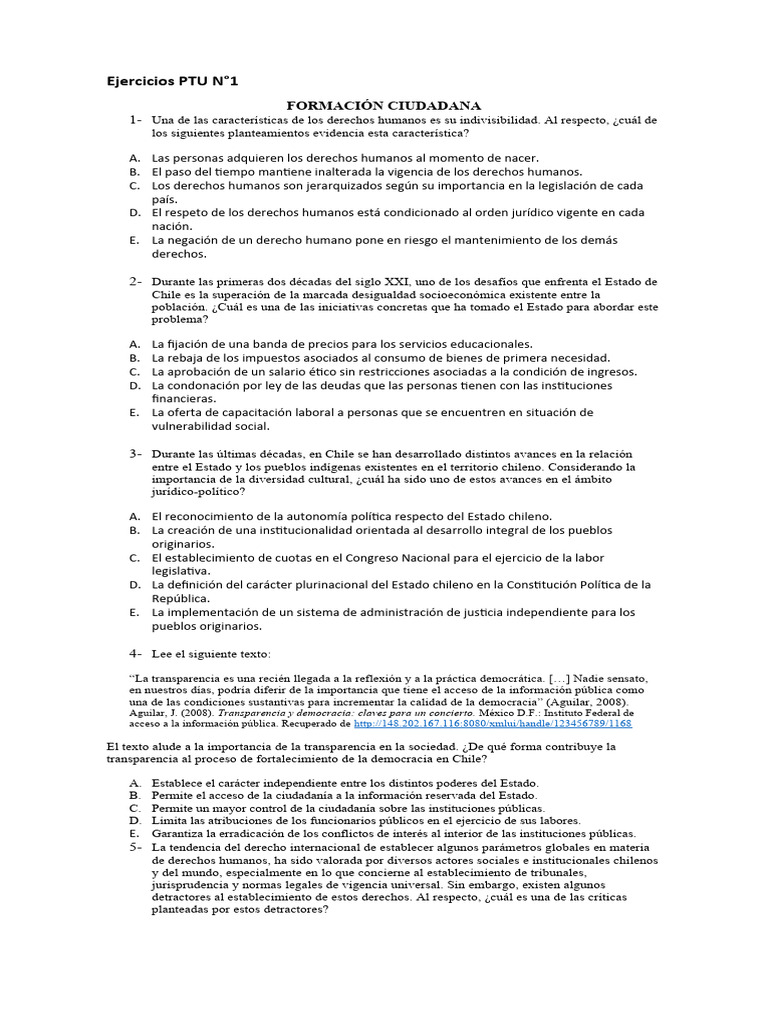 Ejercicios Ptu Formación Ciudadana Pdf Chile Estado Política