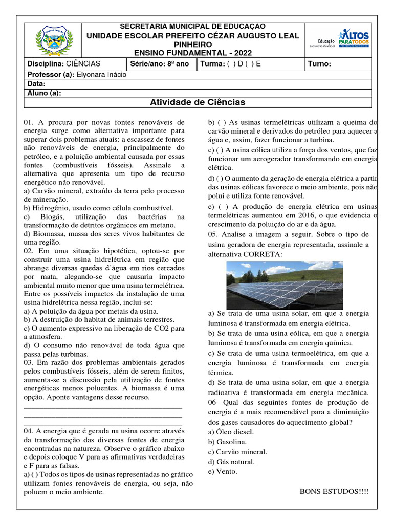Atividade de Ciências: Fontes de Energia 8º Ano | PDF | Energia eólica ...