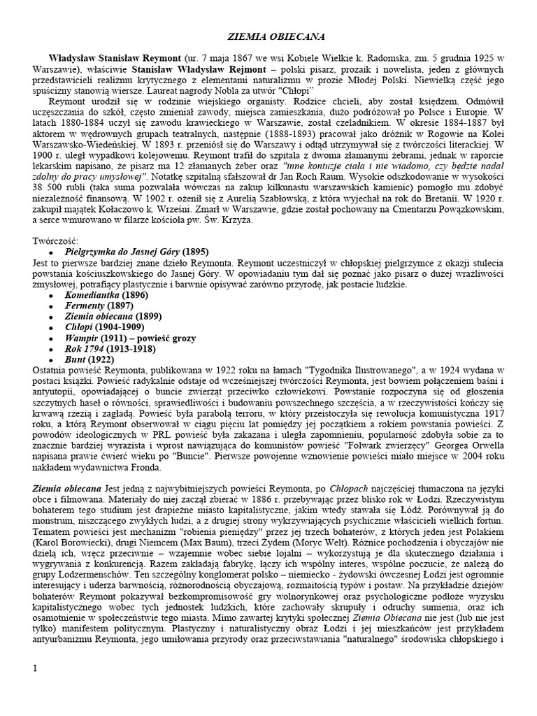 3a. Reymont - Ziemia Obiecana (Opracowanie) | PDF