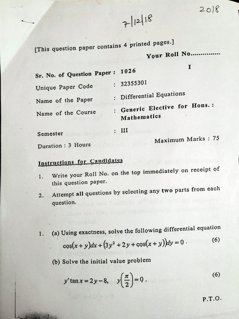 Differential Equations Exam Paper | PDF | Equations | Algebra