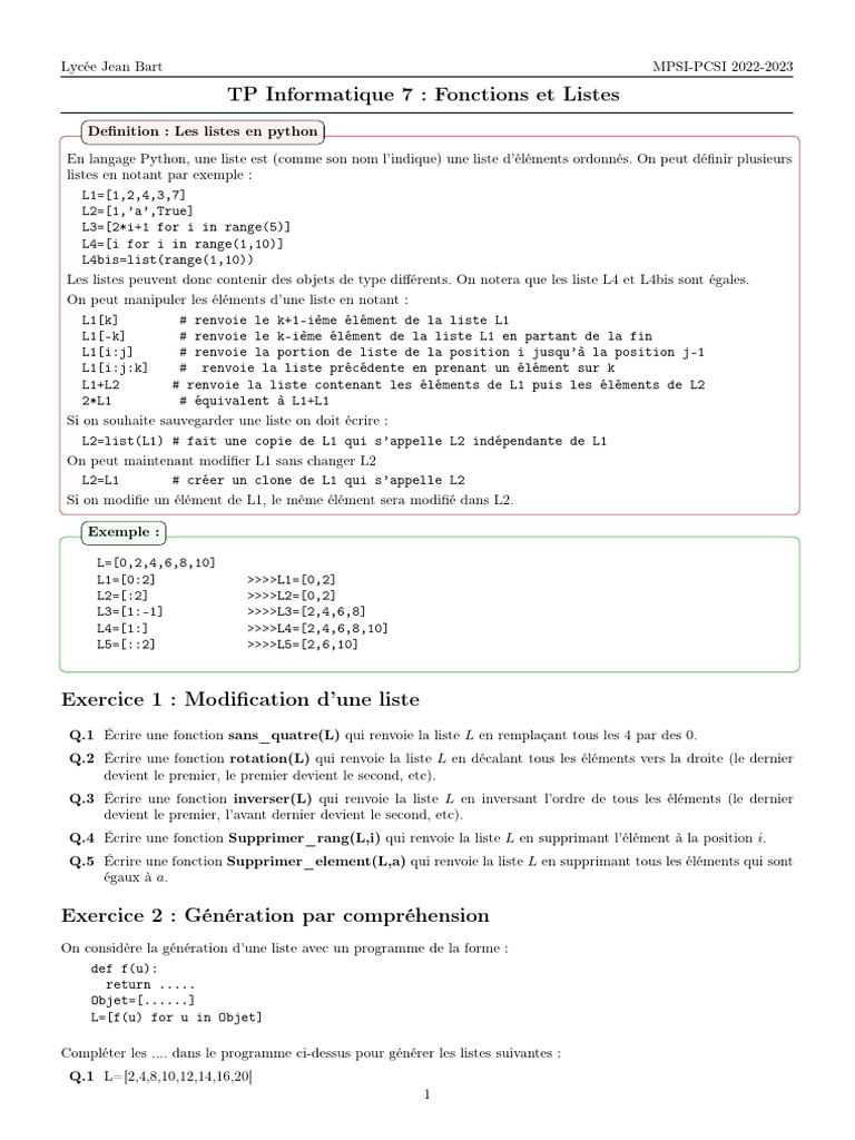 Fonctions et Listes en Python : TP MPSI-PCSI | PDF | Informatique ...