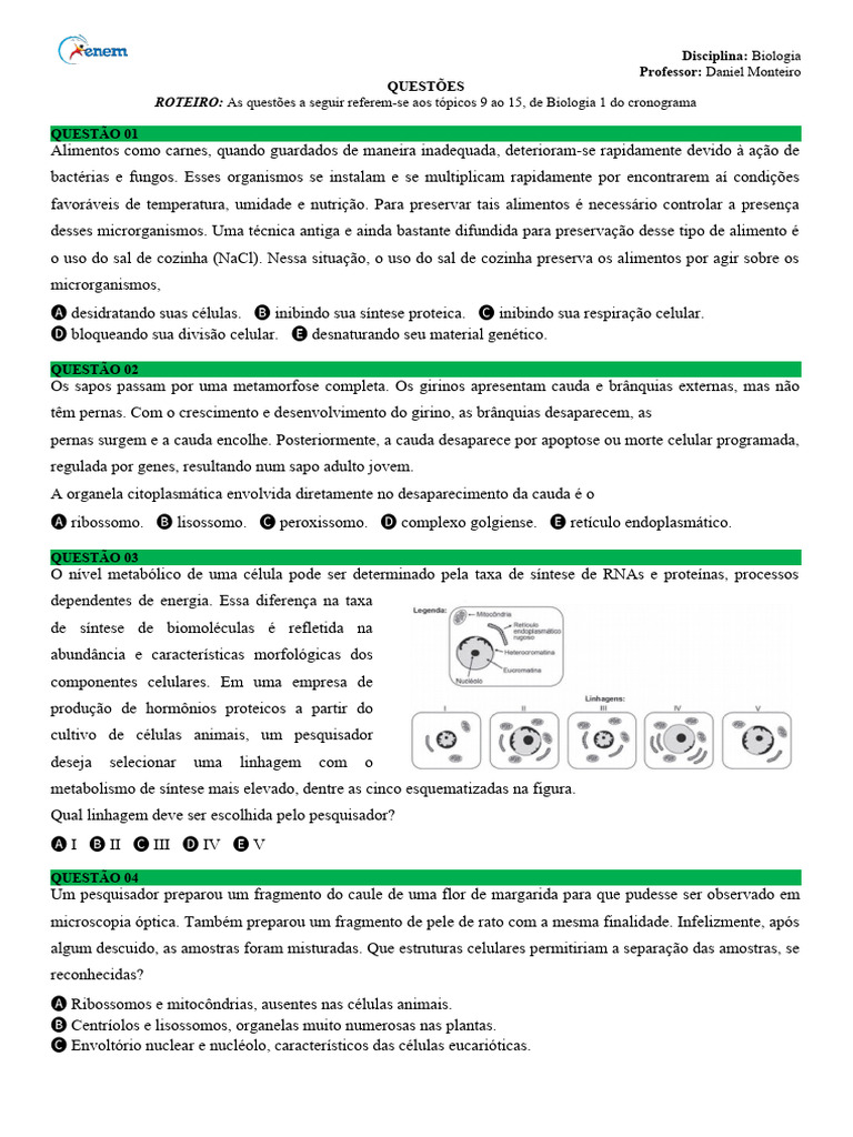 Questões - Biologia Celular | PDF | Célula (Biologia) | Apoptose
