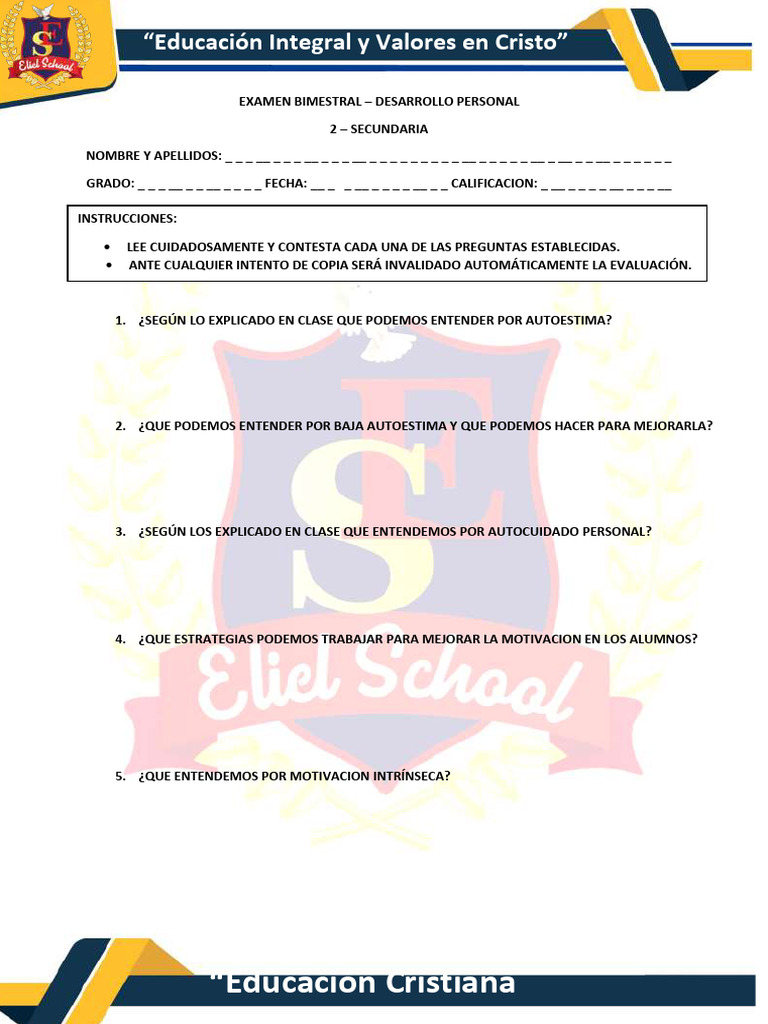 Examen de Desarrollo Personal 2° Secundaria | PDF | Relaciones ...