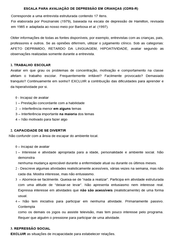 Escala de Depressão Infantil CDRS-R | PDF | Depressão | Suicídio