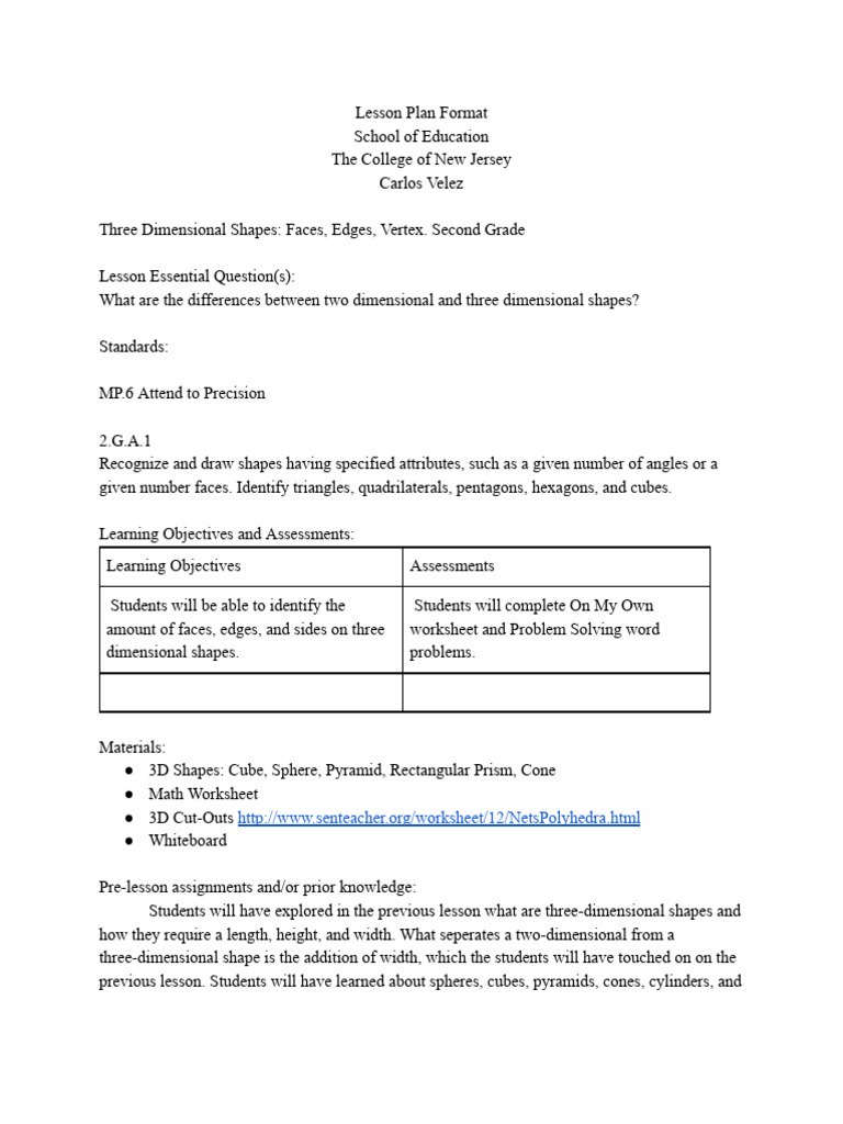 3D Shapes Lesson Plan for Second Grade | PDF | Shape | Length