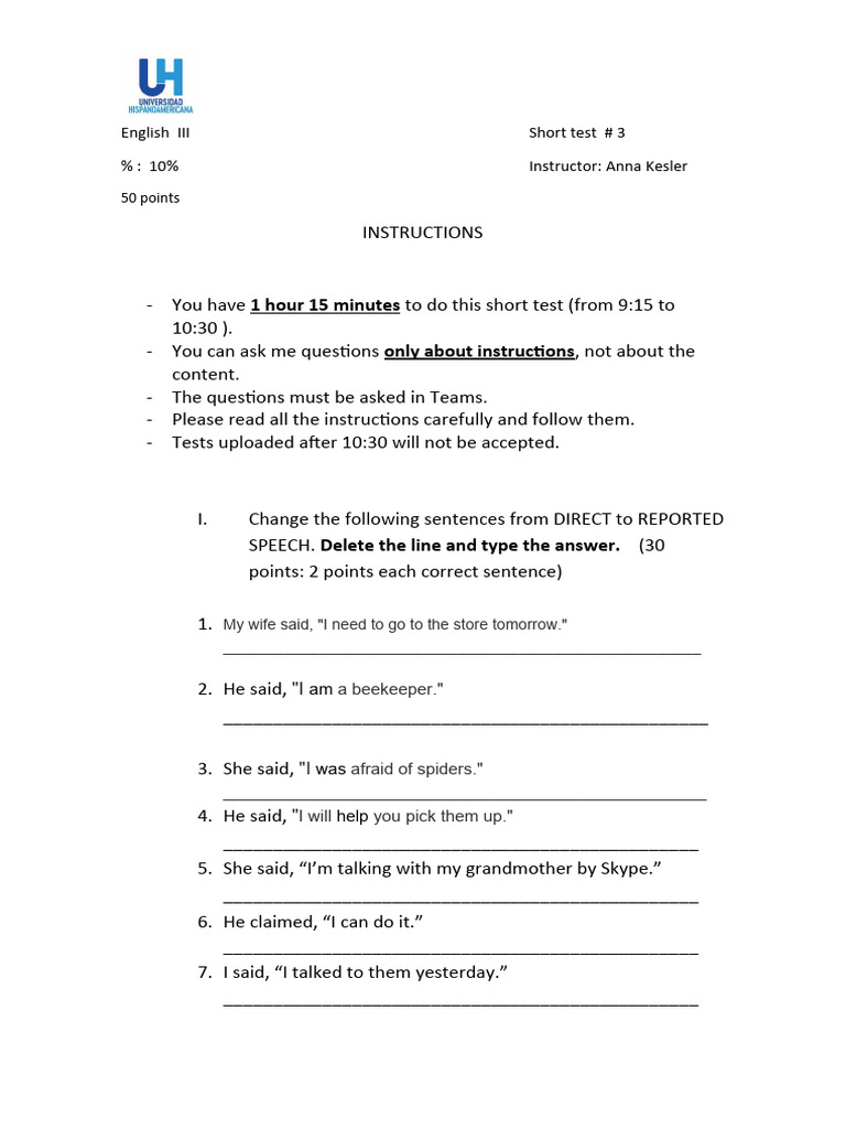English III Short Test #3 Instructions | PDF | Language Arts & Discipline
