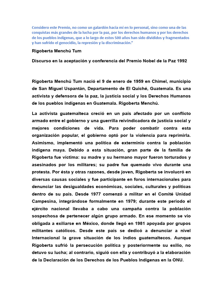 Rigoberta Menchú: Lucha y Legado Indígena | PDF
