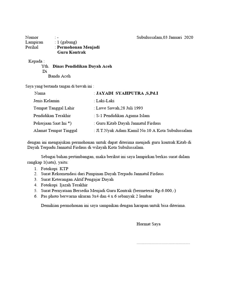 Contoh Kelengkapan Rekrutmen Guru Kontrak (Kelengkapan Surat Lamaran ...