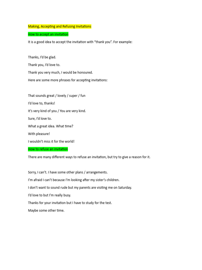 Making Accepting and Refusing Invitations PDF