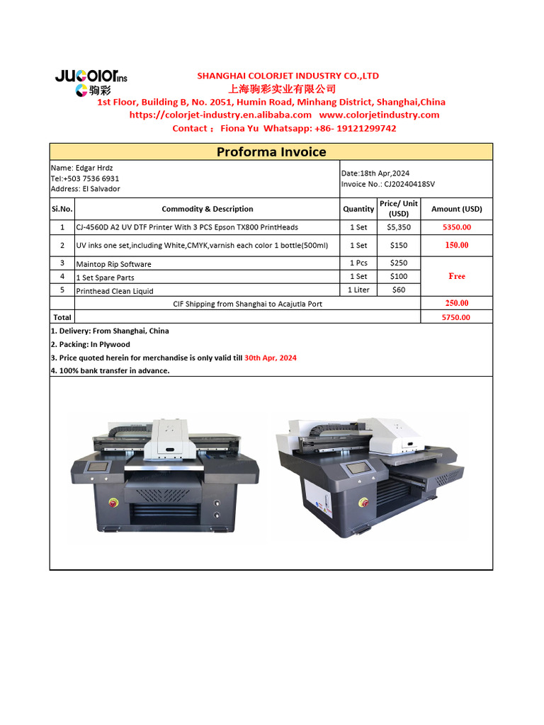 Proforma Invoice for CJ-4560D Printer | PDF | Printer (Computing)