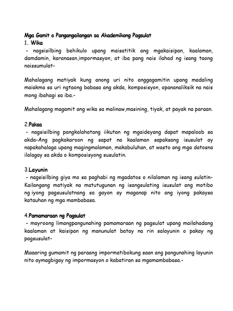 Mga Gamit o Pangangailangan Sa Akademikong Pagsulat | PDF