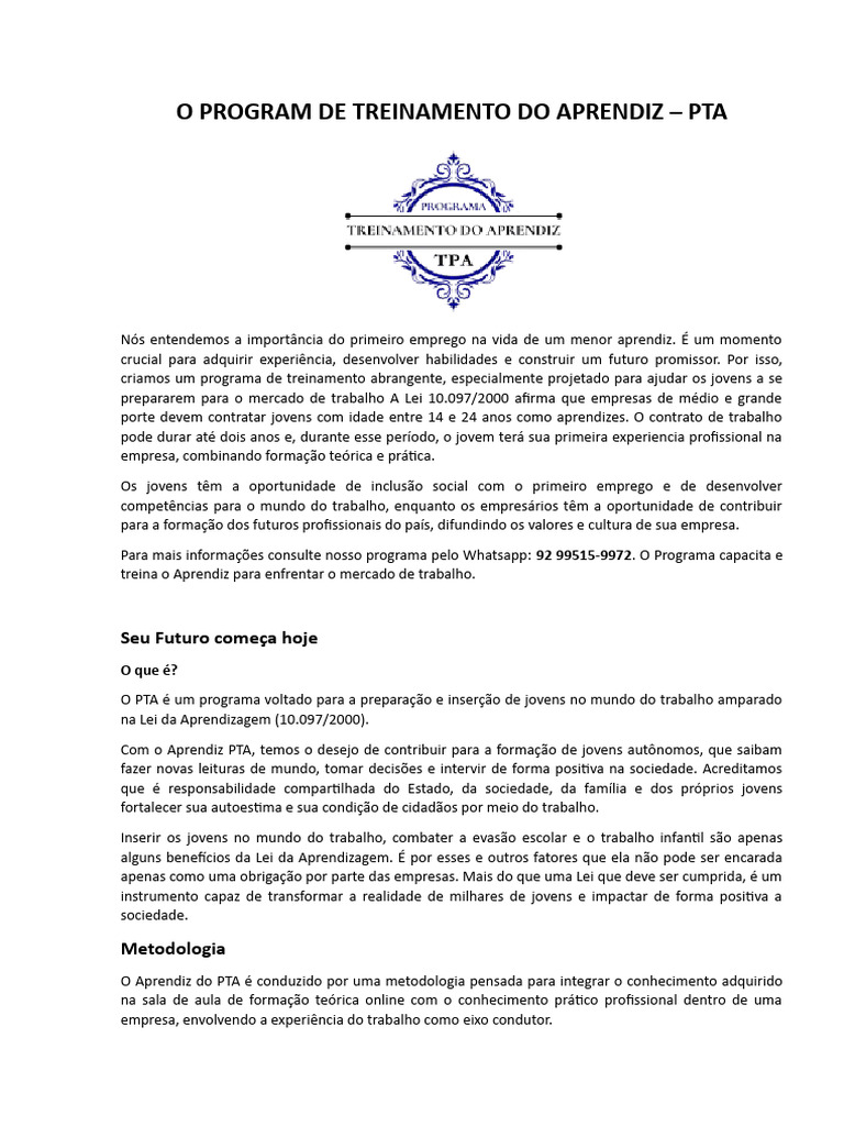 O Program de Treinamento Do Aprendiz | PDF | Aprendizado | Pedagogia