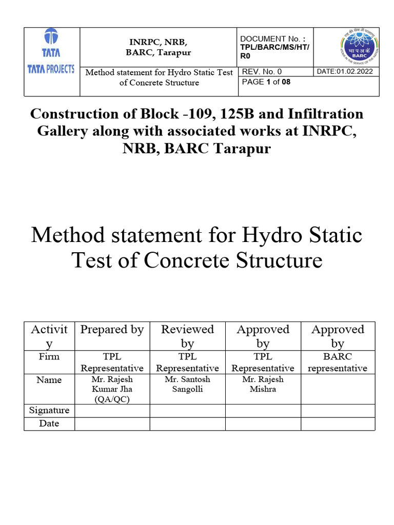 Hydro Testing Method for Concrete at INRPC | PDF