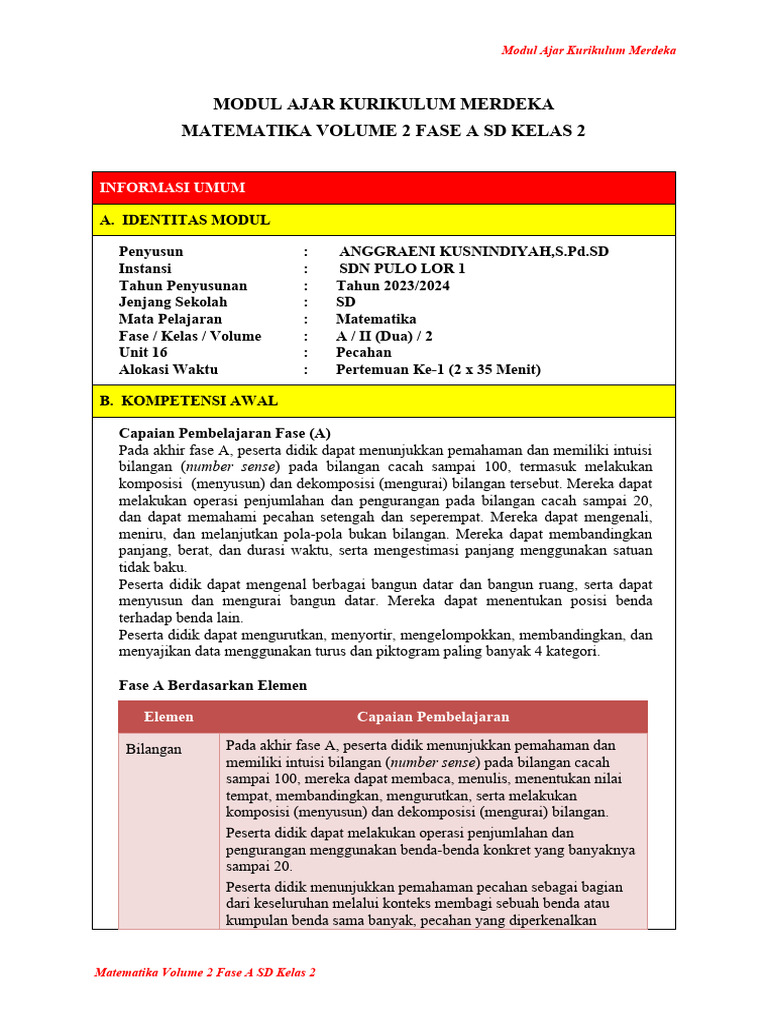 Modul Ajar Pecahan Kelas 2 SD | PDF