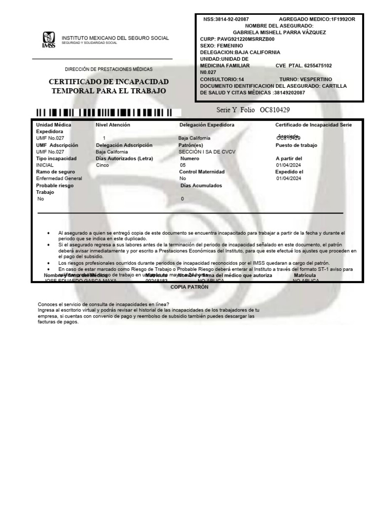 Certificado de Incapacidad Temporal | PDF | Medicina | Cuidado de la salud