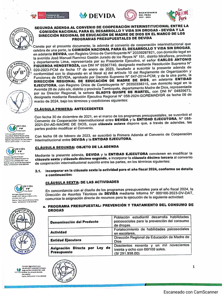 2da Adenda Al Convenio de Cooperacion Interinstitucional Entre Devida y ...