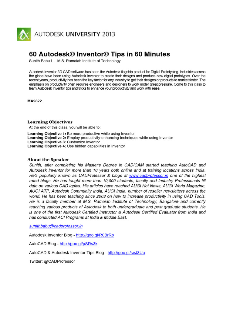 Autodesk Inventor Tips in 60 Minutes | PDF | Computer File | Autodesk