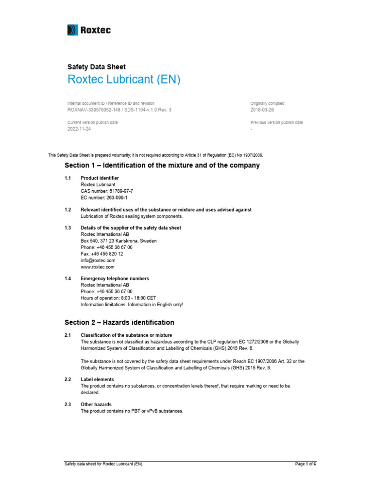 Roxtec Lubricant Safety Data Sheet | PDF | Dangerous Goods | Materials