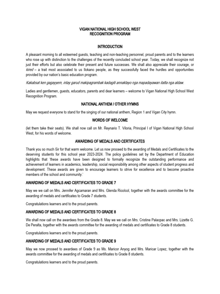 Vigan National High School West Program Script | PDF | Social Science ...