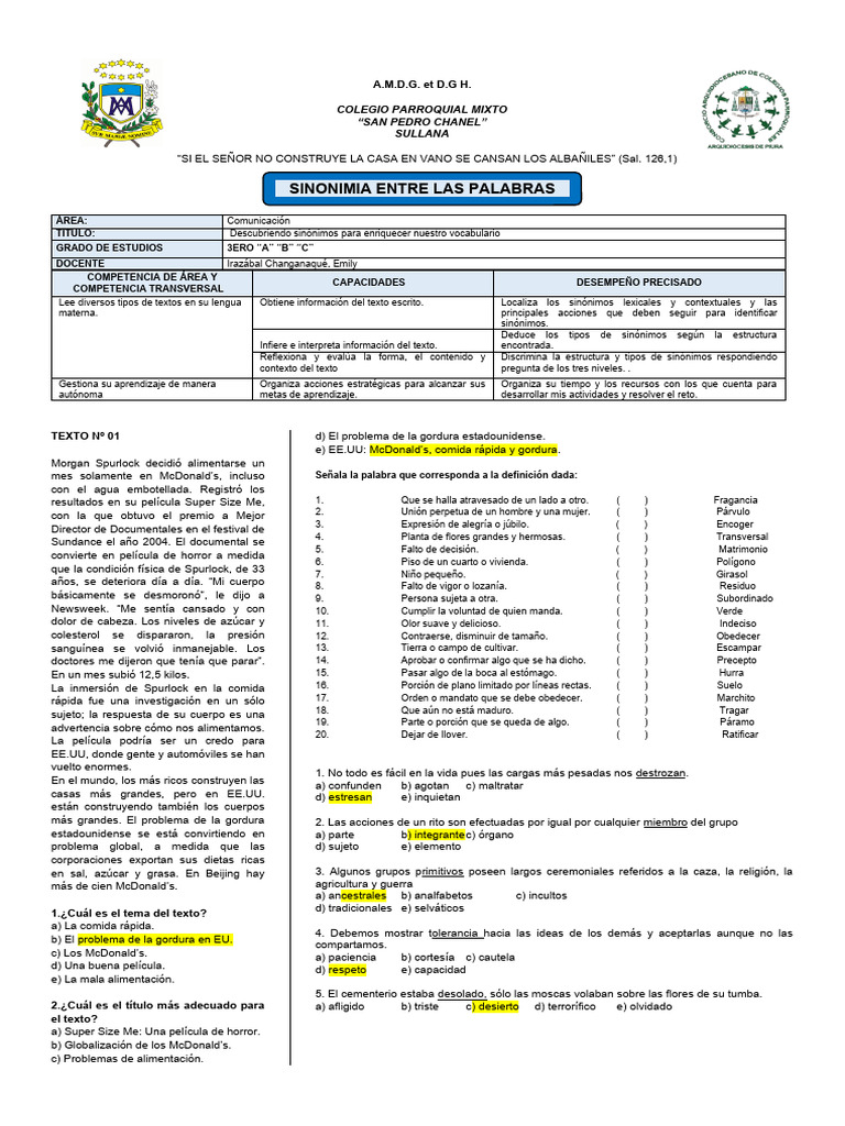Ficha de Trabajo 3A 2B Y 3C | PDF
