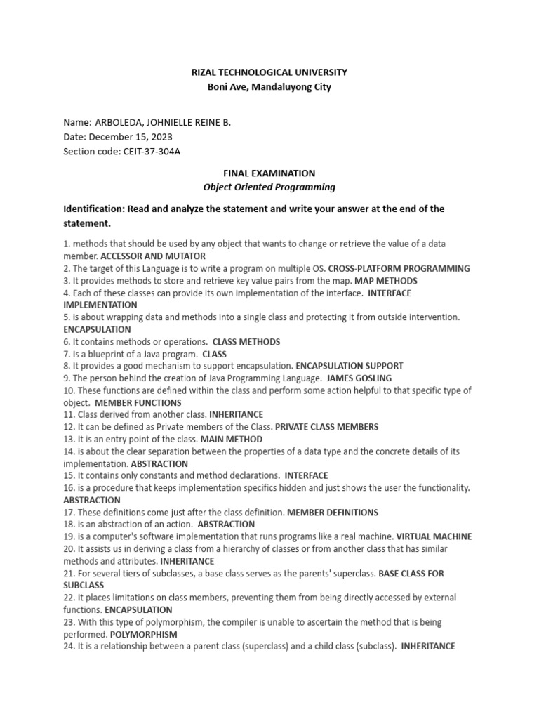 CEIT-37-304A ArboledaFinalExam SetB | PDF | Inheritance (Object ...