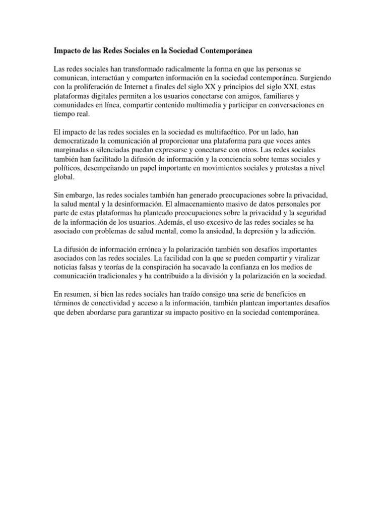 Impacto de Las Redes Sociales en La Sociedad Contemporánea | PDF ...