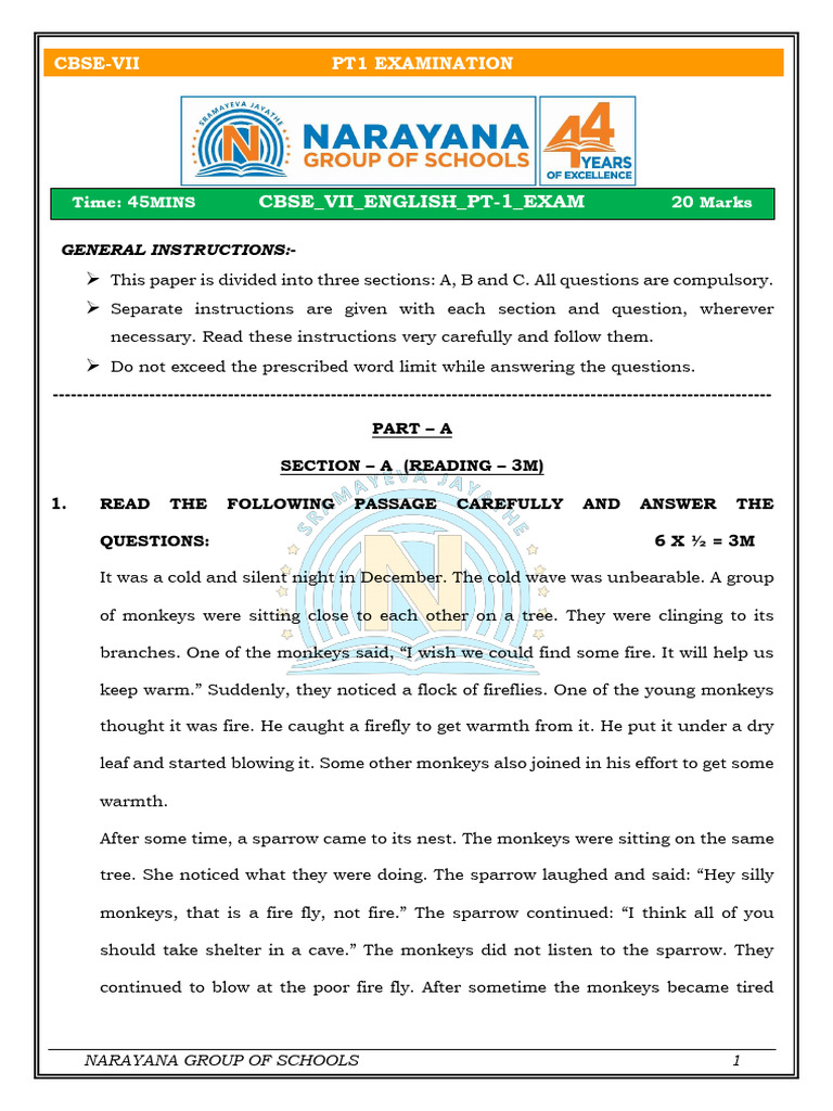 CBSE Class VII English PT1 Exam Paper | PDF
