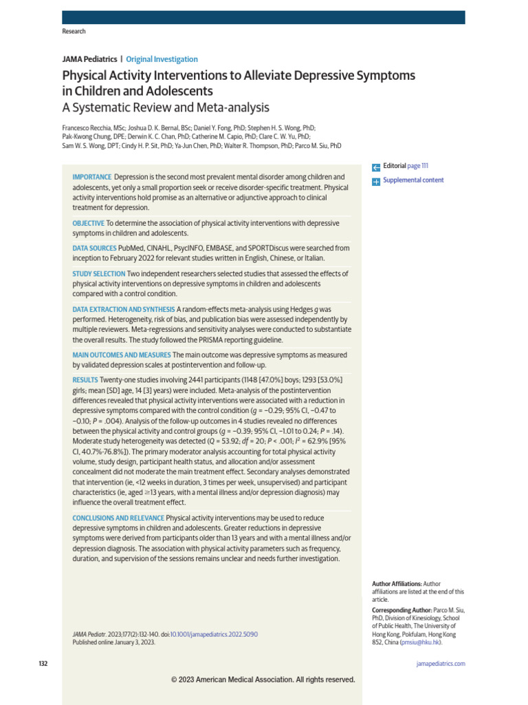 Physical Activity Reduces Youth Depression | PDF | Meta Analysis ...