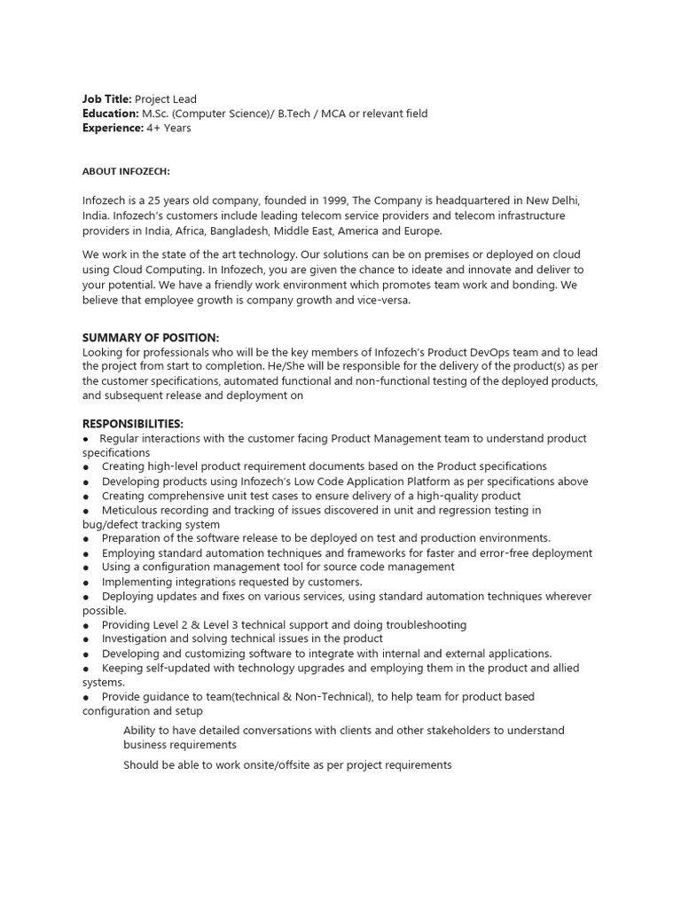 Project Lead Position at Infozech | PDF | Cloud Computing | Software