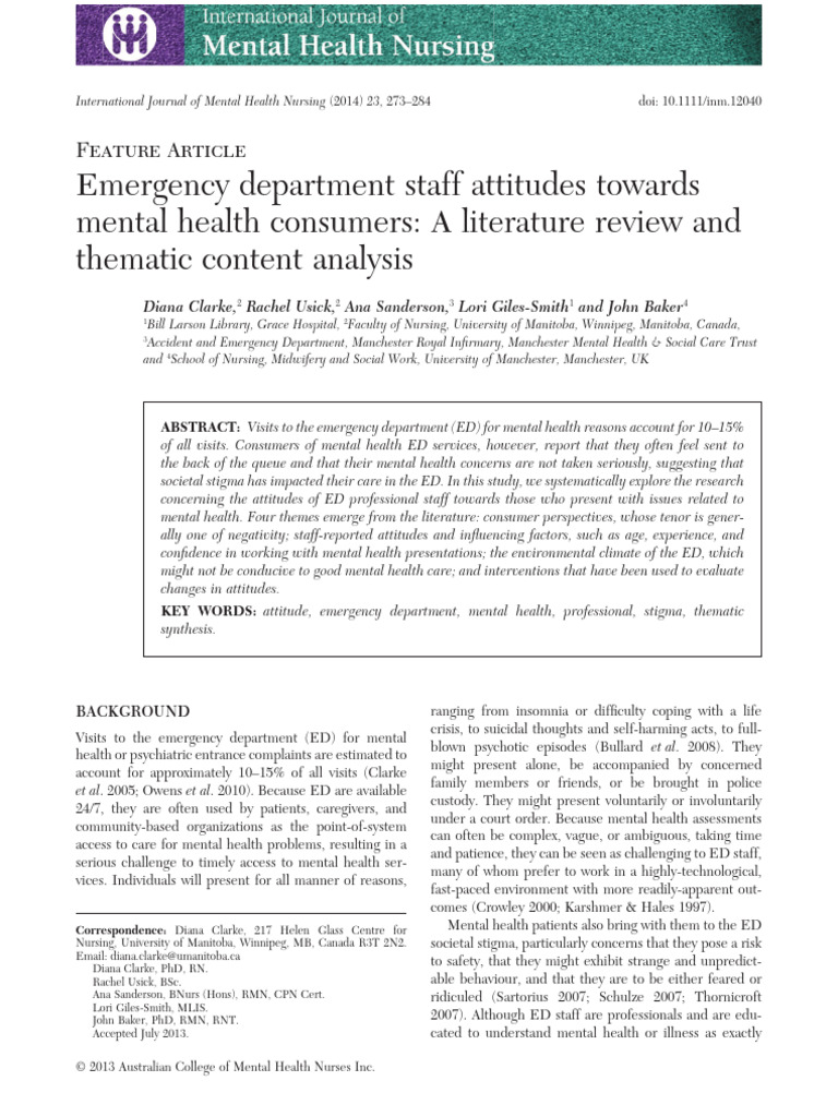 Emergency Department Staff Attitudes Towards Mental Health Consumers A ...