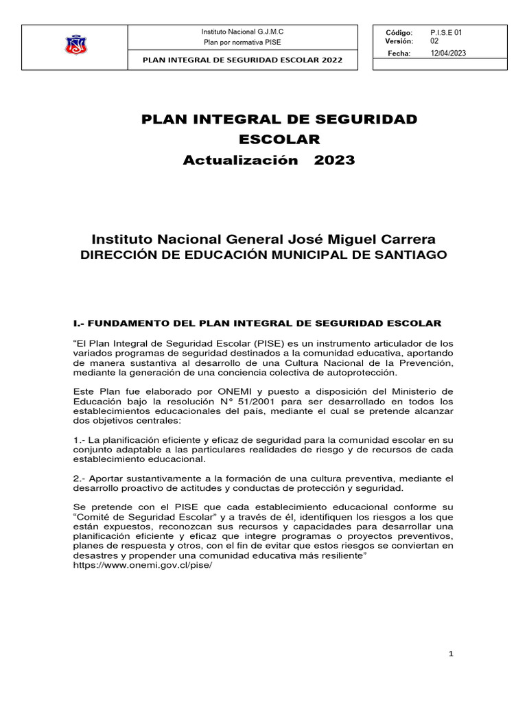 Plan Integral de Seguridad Escolar 2023 | PDF | Ciencias sociales