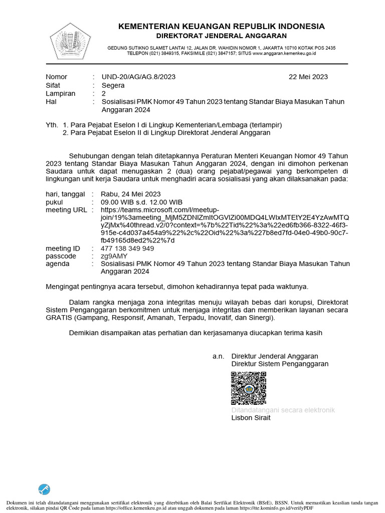 Sosialisasi PMK Nomor 49 Tahun 2023 Tentang Standar Biaya Masukan Tahun