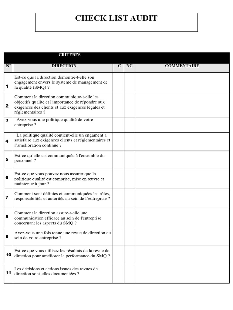 Check-list d'Audit Qualité SMQ | PDF | Affaires | Finance et gestion ...