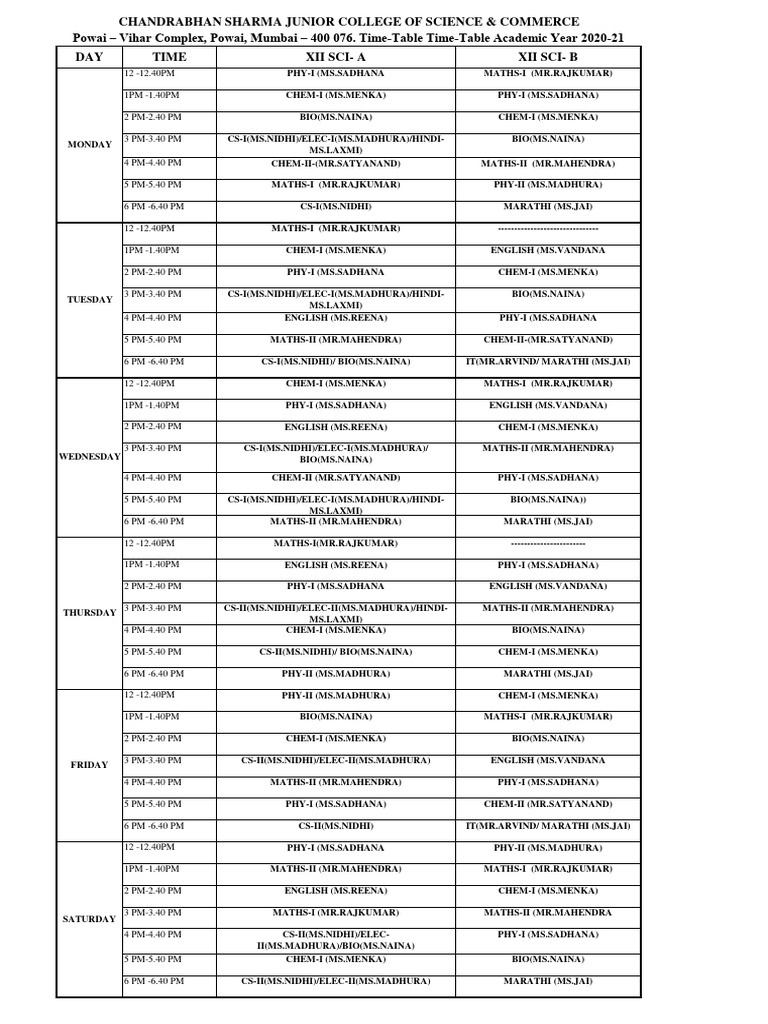 Science time table pdf