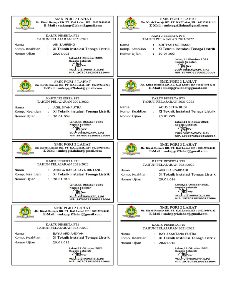 Kartu Peserta PTS SMK PGRI 2 Lahat | PDF
