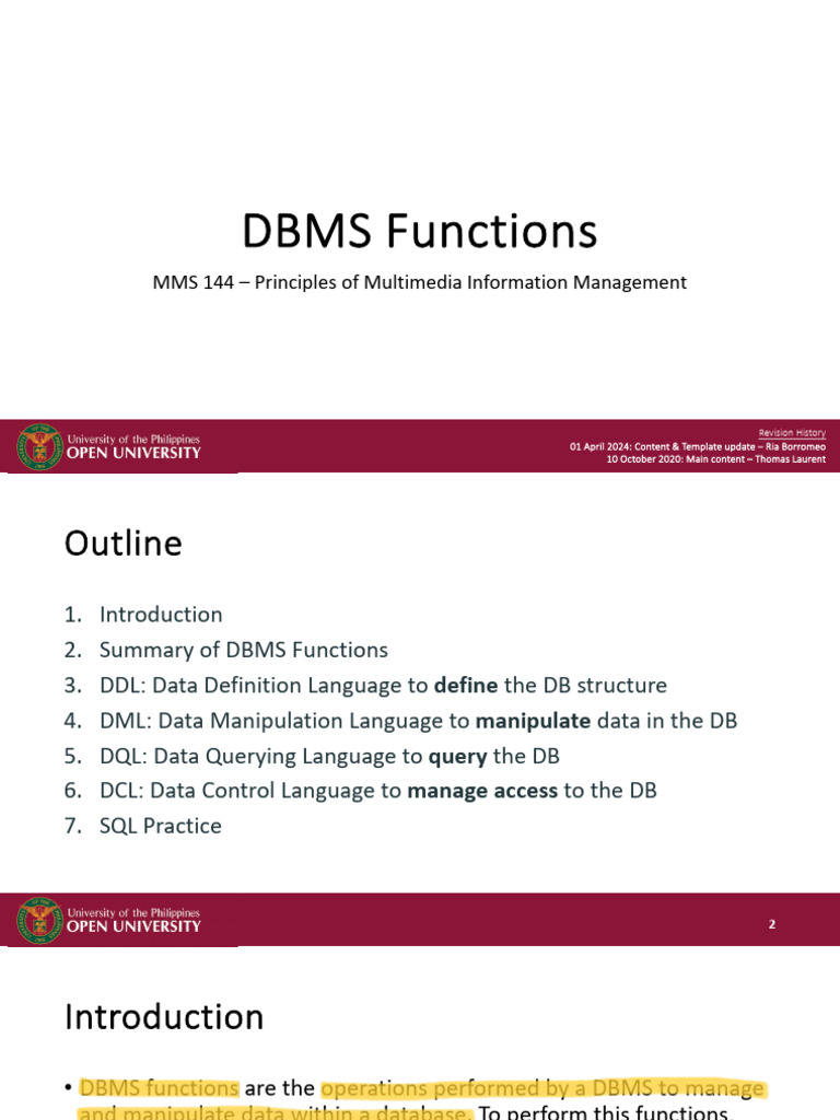 DBMS Functions: MMS 144 - Principles of Multimedia Information ...