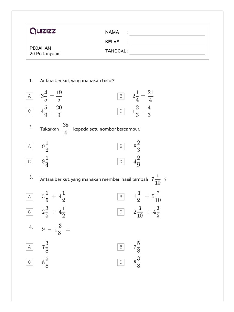 Quizizz Pecahan Pdf
