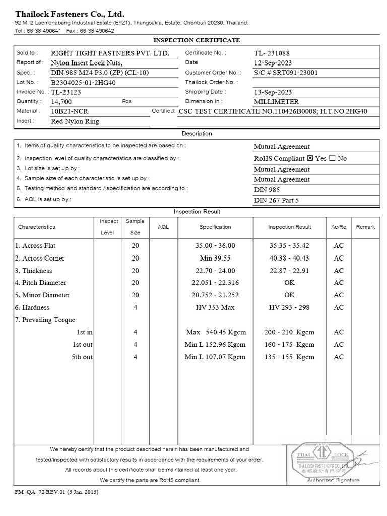 Thailock Fasteners Inspection Report | PDF | Nut (Hardware)