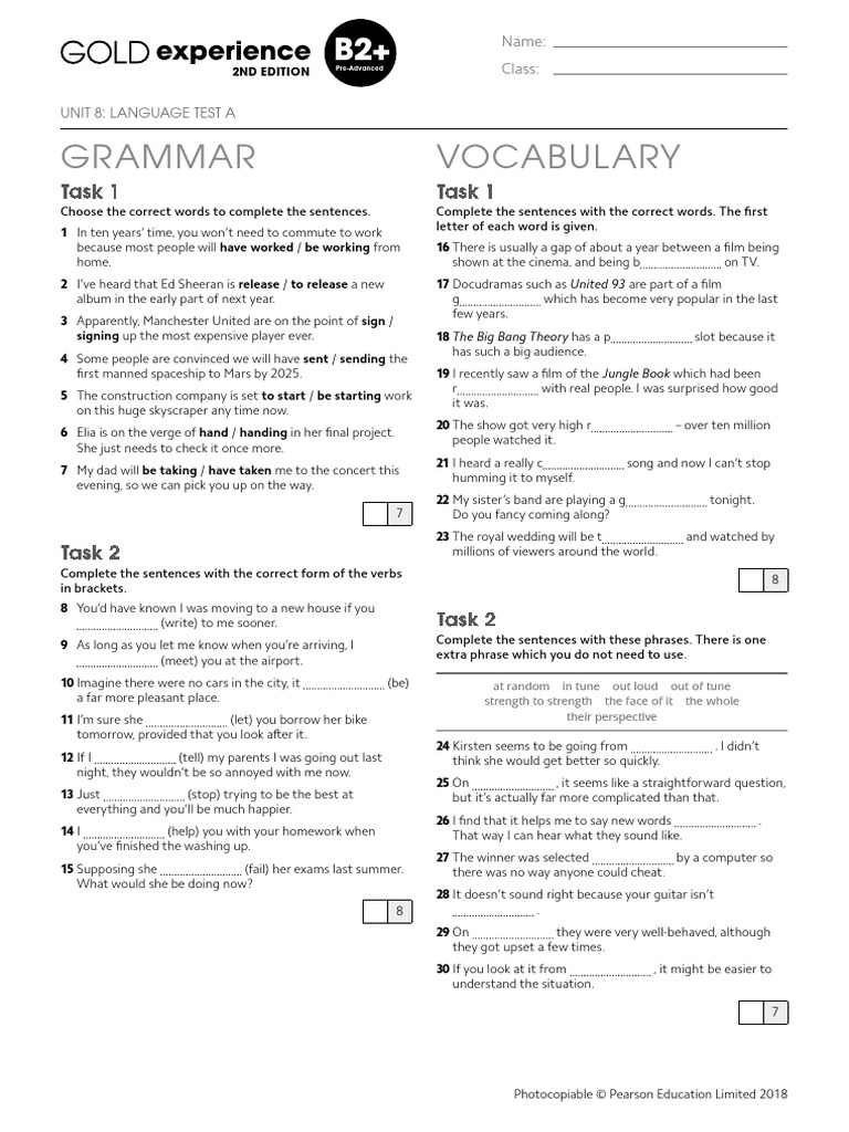 Language Test A: Grammar & Vocabulary | PDF | Linguistics