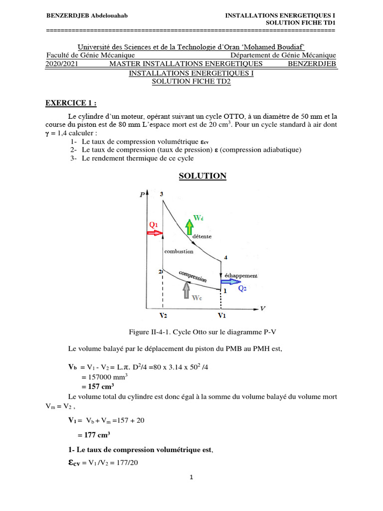 Solution Fiche TD 2 - Installations Energetiques I - 2020-21 | PDF ...