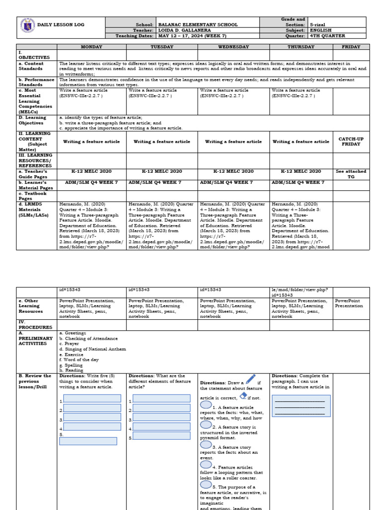 1 - Q4 - English 5 Week 7 | PDF | Learning
