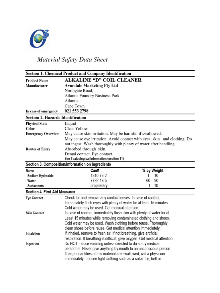 O3 Alkaline D Coil Cleaner MSDS January 2020 PDF Sodium Water