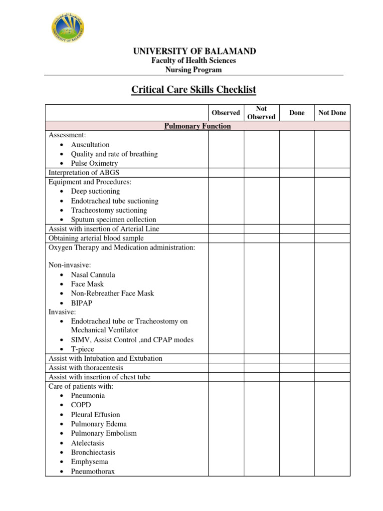 Critical Care Nursing Skills Checklist | PDF | Myocardial Infarction ...