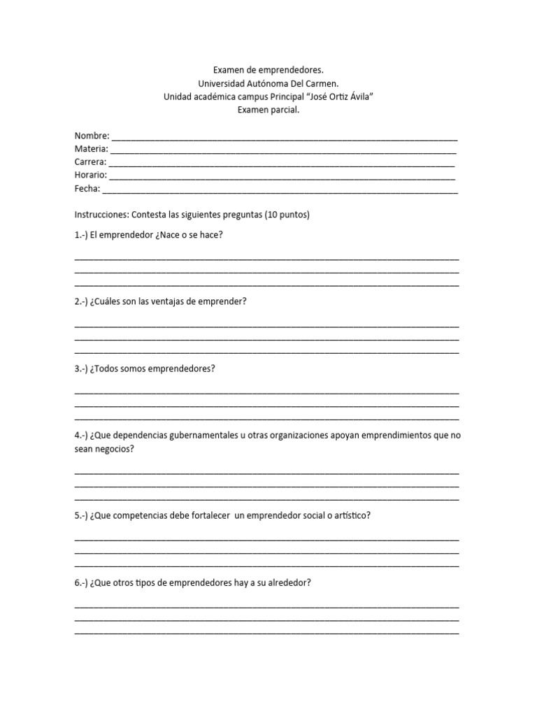 Examen de Emprendedores 1 | PDF | Iniciativa empresarial