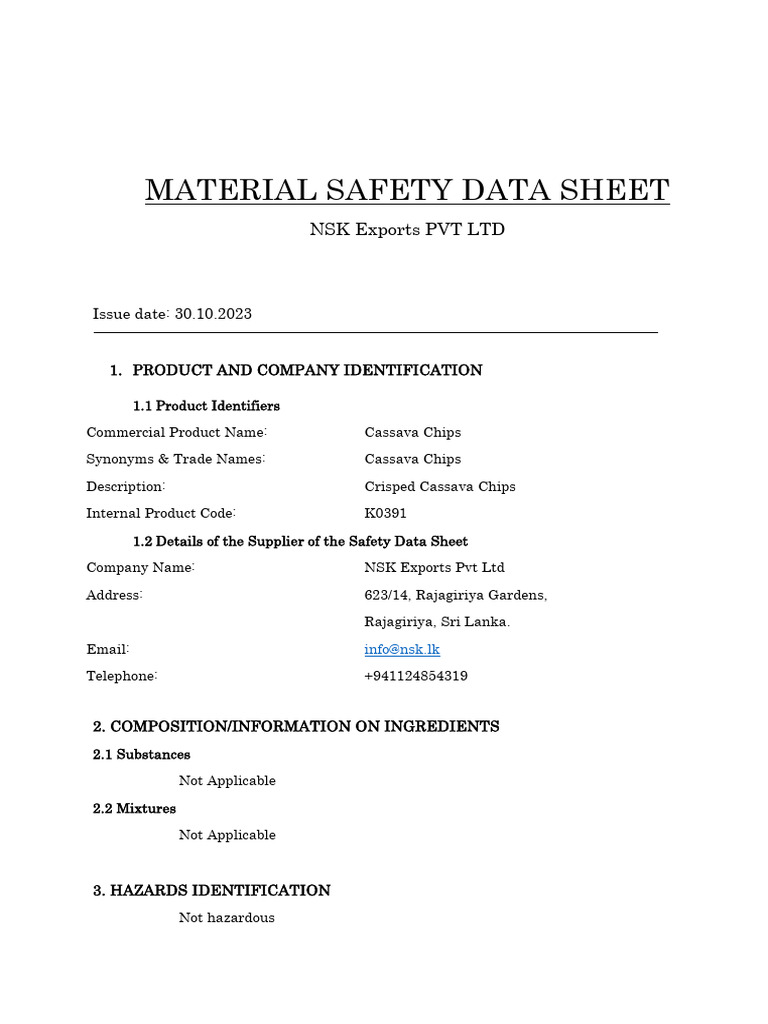 Cassava Chips MSDS PDF Safety Occupational Safety And Health