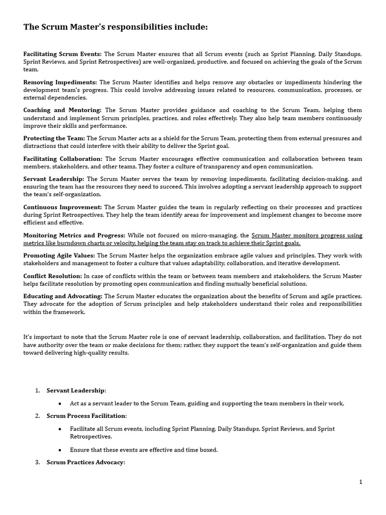 Scrum Master Responsibilities Explained Pdf Scrum Software