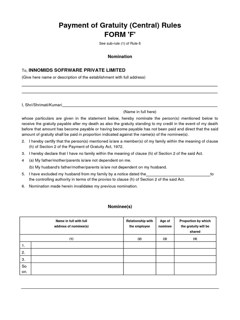 Gratuity Nomination Form 'F' Guide | PDF | Gratuity | Justice