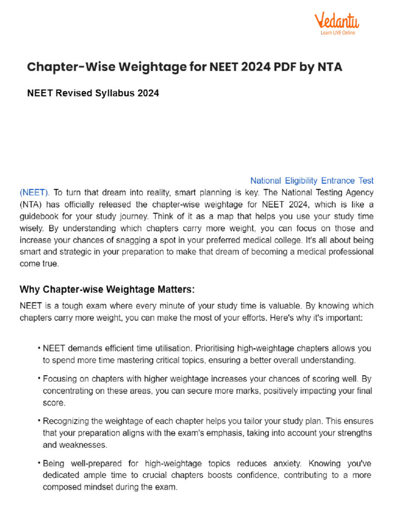 Chapter-Wise Weightage For NEET 2024 PDF by NTA | PDF