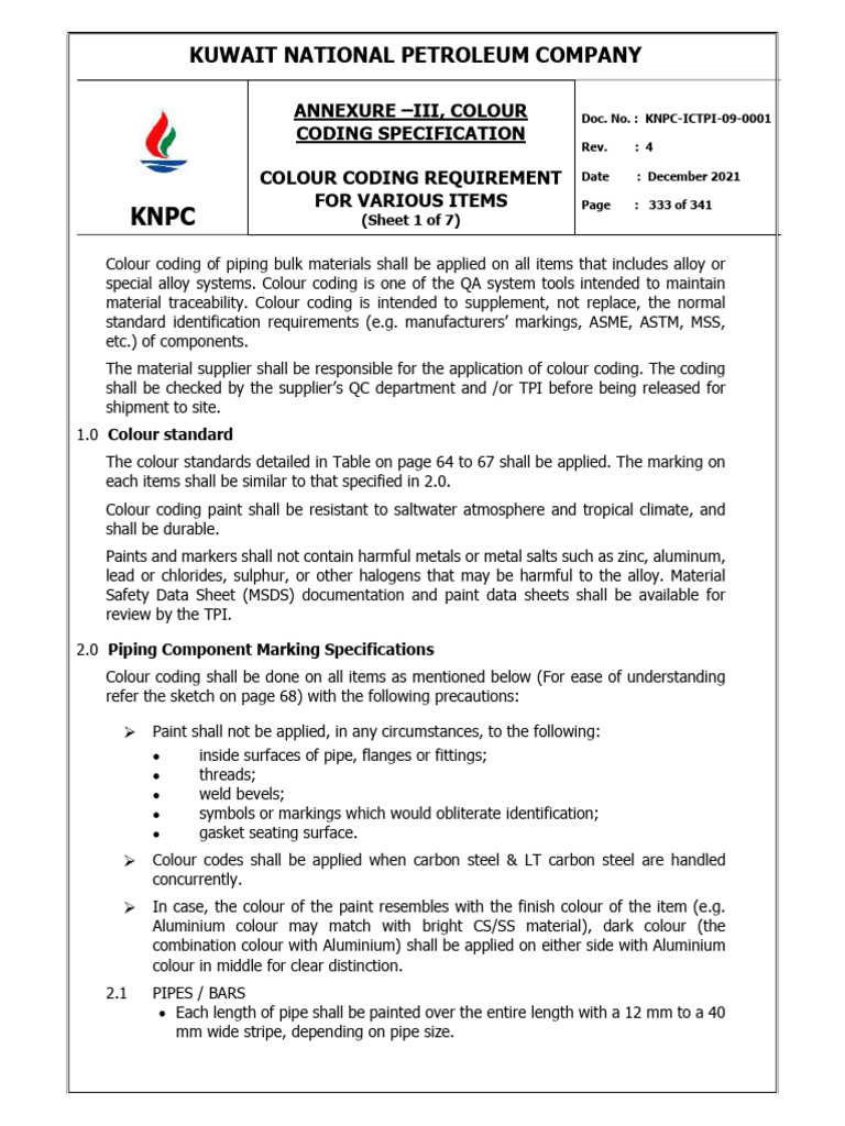 KNPC Colour Coding Specification | PDF | Pipe (Fluid Conveyance) | Valve